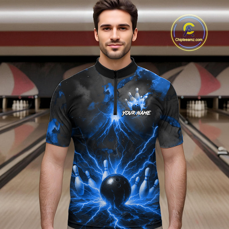Personalized Blue Lightning Thunder Bowling League Shirts For Men Custom Bowling Team Jersey TDM7373