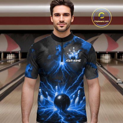 Personalized Blue Lightning Thunder Bowling League Shirts For Men Custom Bowling Team Jersey TDM7373