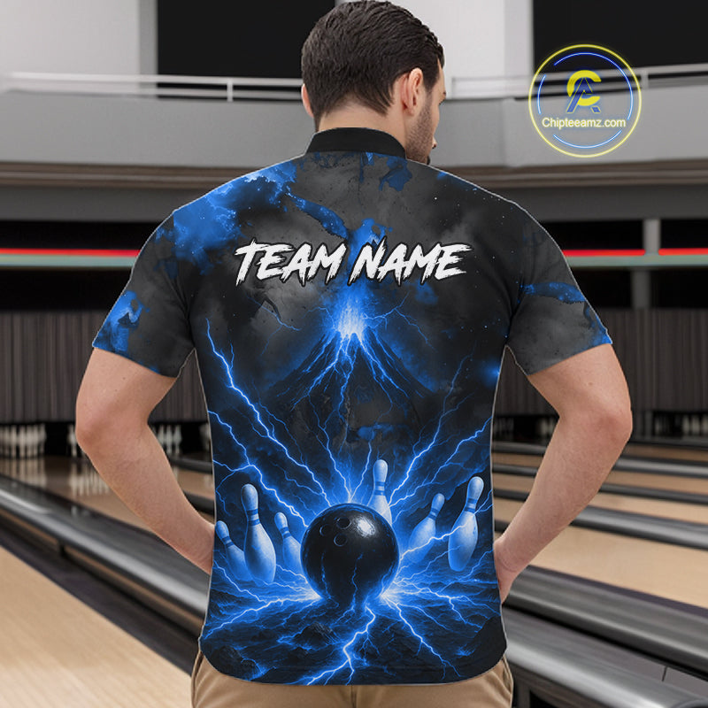 Personalized Blue Lightning Thunder Bowling League Shirts For Men Custom Bowling Team Jersey TDM7373