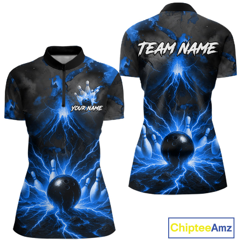 Personalized Blue Lightning Thunder Bowling League Shirts For Women Custom Bowling Team Jersey TDM7373