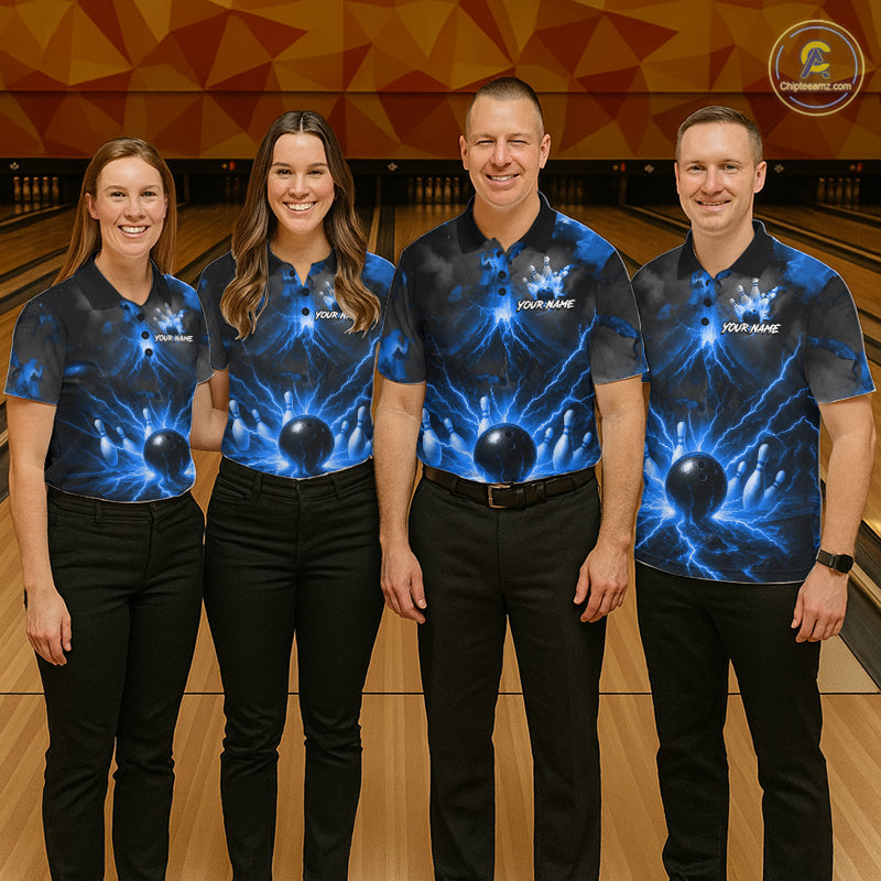 Personalized Blue Lightning Thunder Bowling League Shirts For Men Custom Bowling Team Jersey TDM7373