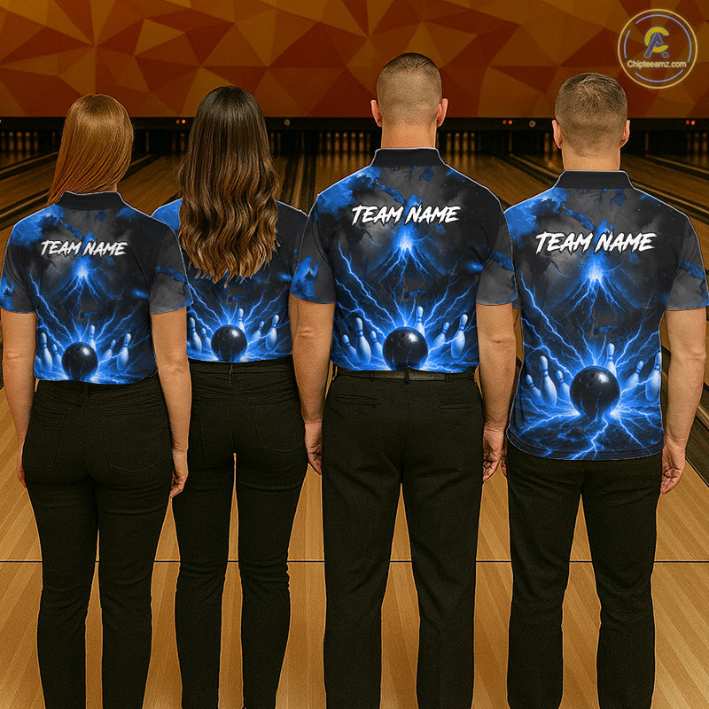 Personalized Blue Lightning Thunder Bowling League Shirts For Men Custom Bowling Team Jersey TDM7373