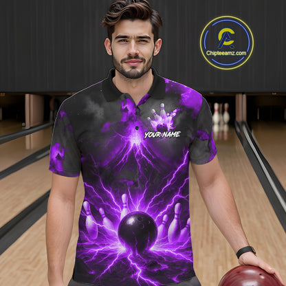 Personalized Purple Lightning Thunder Bowling League Shirts For Men Custom Bowling Team Jersey TDM7374
