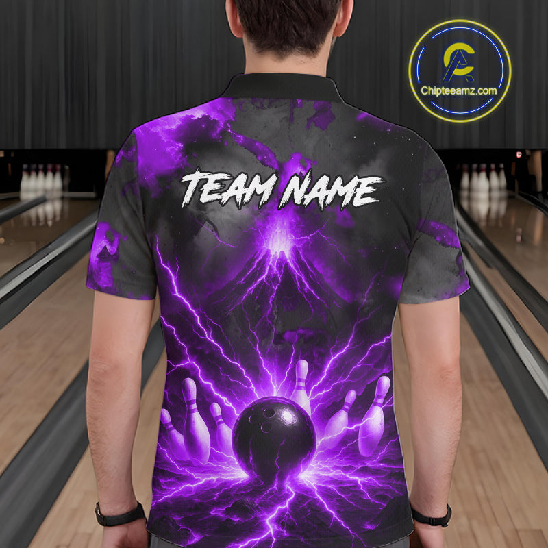 Personalized Purple Lightning Thunder Bowling League Shirts For Men Custom Bowling Team Jersey TDM7374