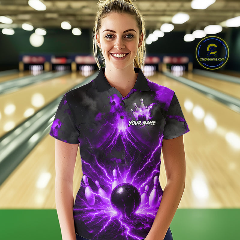 Personalized Purple Lightning Thunder Bowling League Shirts For Women Custom Bowling Team Jersey TDM7374