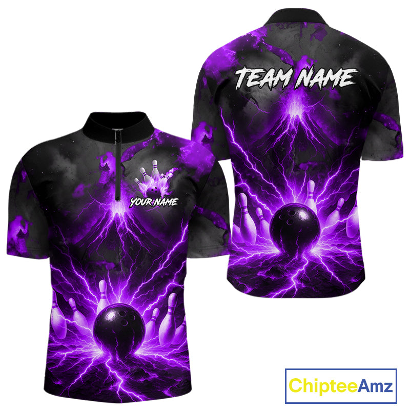 Personalized Purple Lightning Thunder Bowling League Shirts For Men Custom Bowling Team Jersey TDM7374