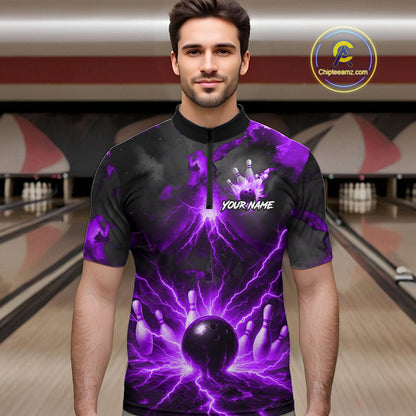 Personalized Purple Lightning Thunder Bowling League Shirts For Men Custom Bowling Team Jersey TDM7374