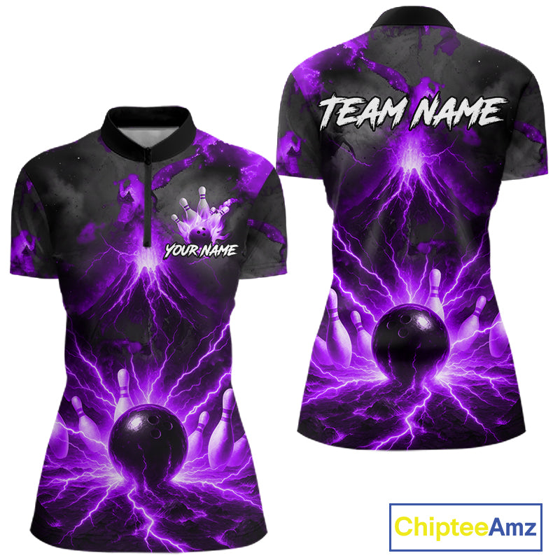 Personalized Purple Lightning Thunder Bowling League Shirts For Women Custom Bowling Team Jersey TDM7374