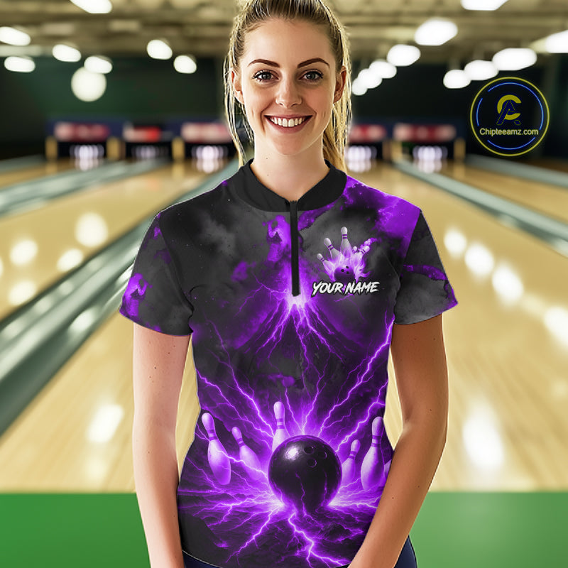 Personalized Purple Lightning Thunder Bowling League Shirts For Women Custom Bowling Team Jersey TDM7374