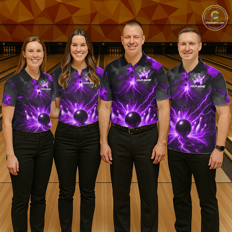 Personalized Purple Lightning Thunder Bowling League Shirts For Men Custom Bowling Team Jersey TDM7374