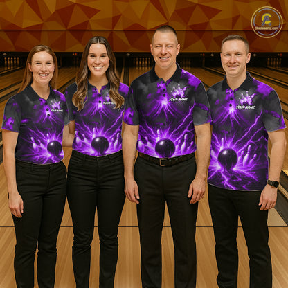 Personalized Purple Lightning Thunder Bowling League Shirts For Men Custom Bowling Team Jersey TDM7374