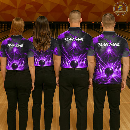 Personalized Purple Lightning Thunder Bowling League Shirts For Men Custom Bowling Team Jersey TDM7374