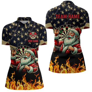 Funny Christmas Santa Playing Darts Custom USA Flag Fire Women Dart Shirts, Patriotic Dart Jerseys TDM2848