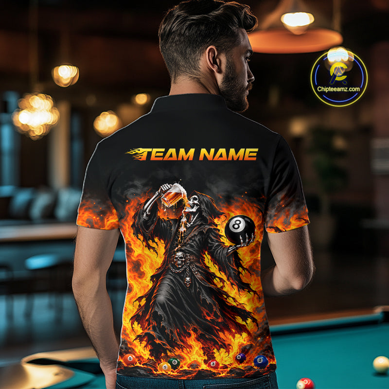 Orange Flaming Grim Reaper Beer Billiard Shirts for Men Custom 8 Ball Pool Team Jersey TDM8015