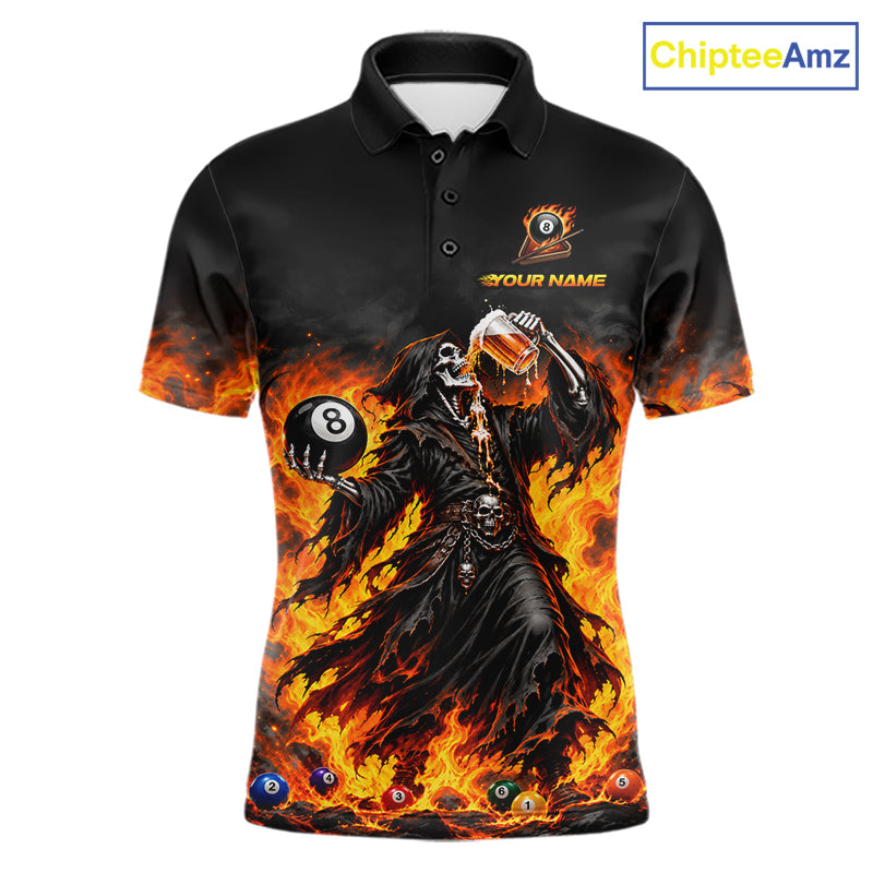 Orange Flaming Grim Reaper Beer Billiard Shirts for Men Custom 8 Ball Pool Team Jersey TDM8015