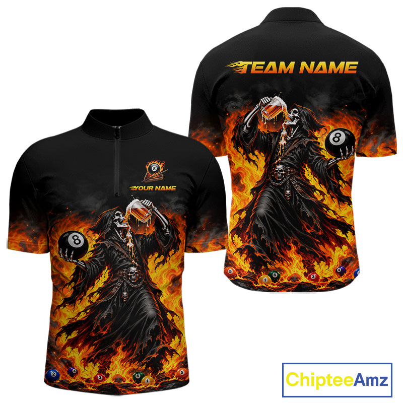 Orange Flaming Grim Reaper Beer Billiard Shirts for Men Custom 8 Ball Pool Team Jersey TDM8015