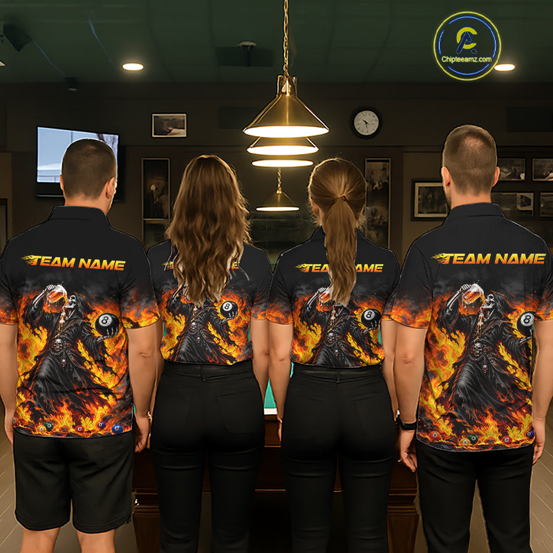 Orange Flaming Grim Reaper Beer Billiard Shirts for Men Custom 8 Ball Pool Team Jersey TDM8015