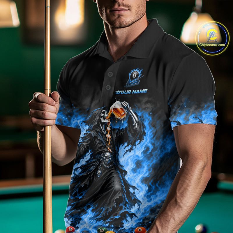 Funny Blue Flaming Grim Reaper Beer Billiard Shirts for Men Custom 8 Ball Pool Team Jersey TDM8016
