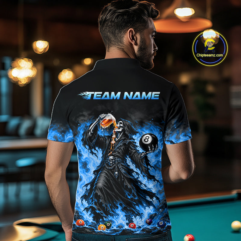 Funny Blue Flaming Grim Reaper Beer Billiard Shirts for Men Custom 8 Ball Pool Team Jersey TDM8016