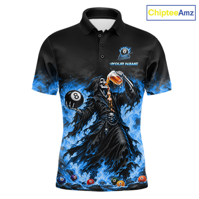 Funny Blue Flaming Grim Reaper Beer Billiard Shirts for Men Custom 8 Ball Pool Team Jersey TDM8016