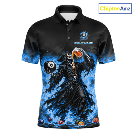 Funny Blue Flaming Grim Reaper Beer Billiard Shirts for Men Custom 8 Ball Pool Team Jersey TDM8016