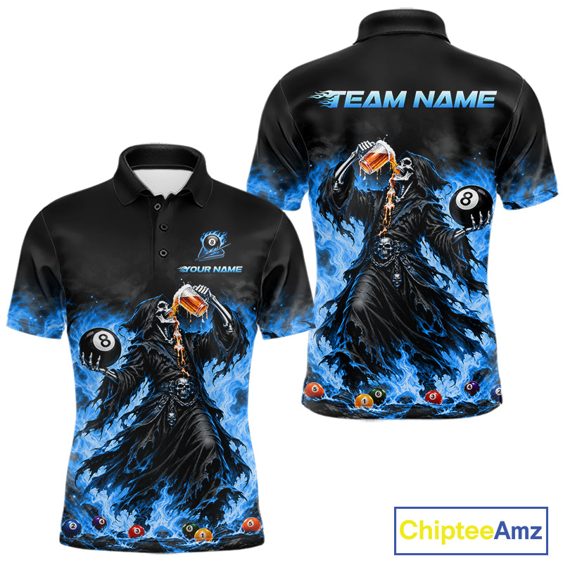 Funny Blue Flaming Grim Reaper Beer Billiard Shirts for Men Custom 8 Ball Pool Team Jersey TDM8016