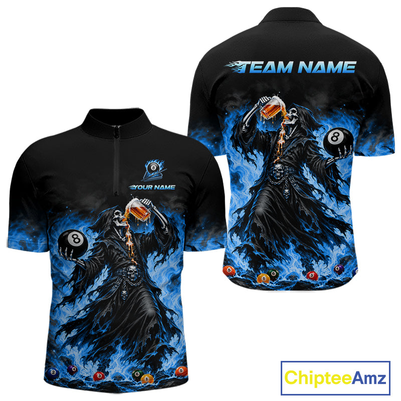 Funny Blue Flaming Grim Reaper Beer Billiard Shirts for Men Custom 8 Ball Pool Team Jersey TDM8016
