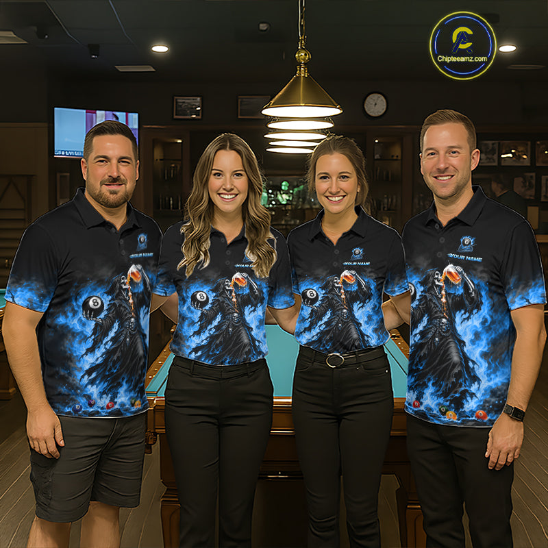Funny Blue Flaming Grim Reaper Beer Billiard Shirts for Men Custom 8 Ball Pool Team Jersey TDM8016