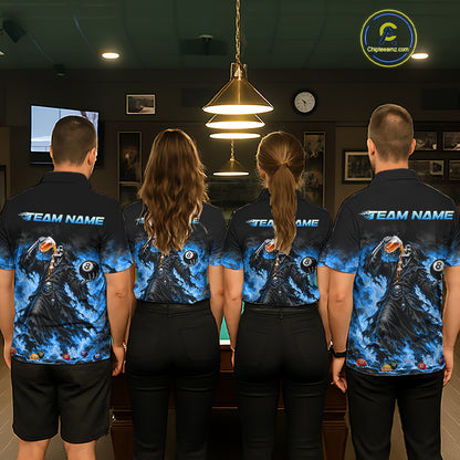 Funny Blue Flaming Grim Reaper Beer Billiard Shirts for Men Custom 8 Ball Pool Team Jersey TDM8016