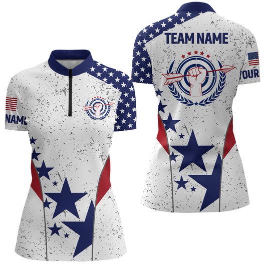 Personalized Grunge US Flag Archery Women Quarter-Zip Shirt Custom Patriotic Archery Jerseys TDM0644
