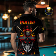 Load image into Gallery viewer, Personalized Fire Flame Skull American Flag Billiard Shirts For Men, 8 Ball Pool Billiard Jerseys TDM3340