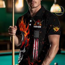 Load image into Gallery viewer, Personalized Fire Flame Skull American Flag Billiard Shirts For Men, 8 Ball Pool Billiard Jerseys TDM3340