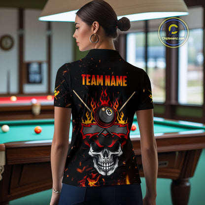 Personalized Fire Flame Skull American Flag Billiard Shirts For Women, 8 Ball Pool Billiard Jerseys TDM3340