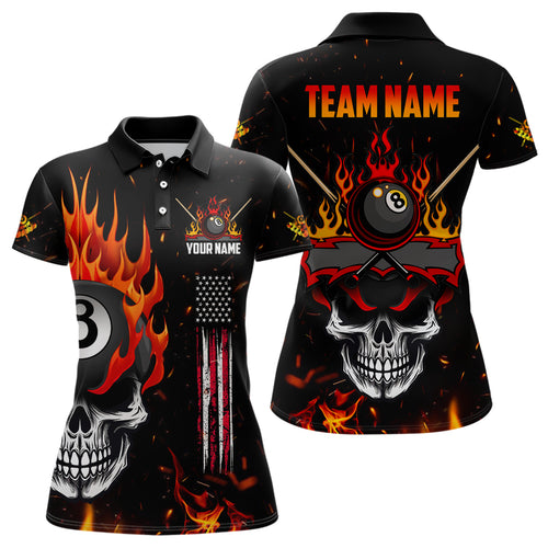 Personalized Fire Flame Skull American Flag Billiard Shirts For Women, 8 Ball Pool Billiard Jerseys TDM3340