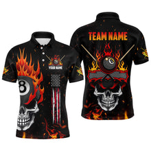 Load image into Gallery viewer, Personalized Fire Flame Skull American Flag Billiard Shirts For Men, 8 Ball Pool Billiard Jerseys TDM3340