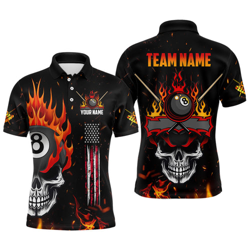 Personalized Fire Flame Skull American Flag Billiard Shirts For Men, 8 Ball Pool Billiard Jerseys TDM3340