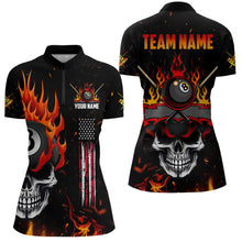 Load image into Gallery viewer, Personalized Fire Flame Skull American Flag Billiard Shirts For Women, 8 Ball Pool Billiard Jerseys TDM3340