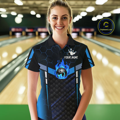 Black And Blue Bowling Jersey For Women Custom Flame Bowling Shirt Team Polo & Quarter Zip TDM5823