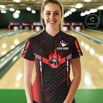 Black And Red Bowling Jersey For Women Custom Flame Bowling Shirt Team Polo & Quarter Zip TDM5824