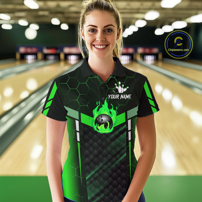 Black And Green Bowling Jersey For Women Custom Flame Bowling Shirt Team Polo & Quarter Zip TDM5825