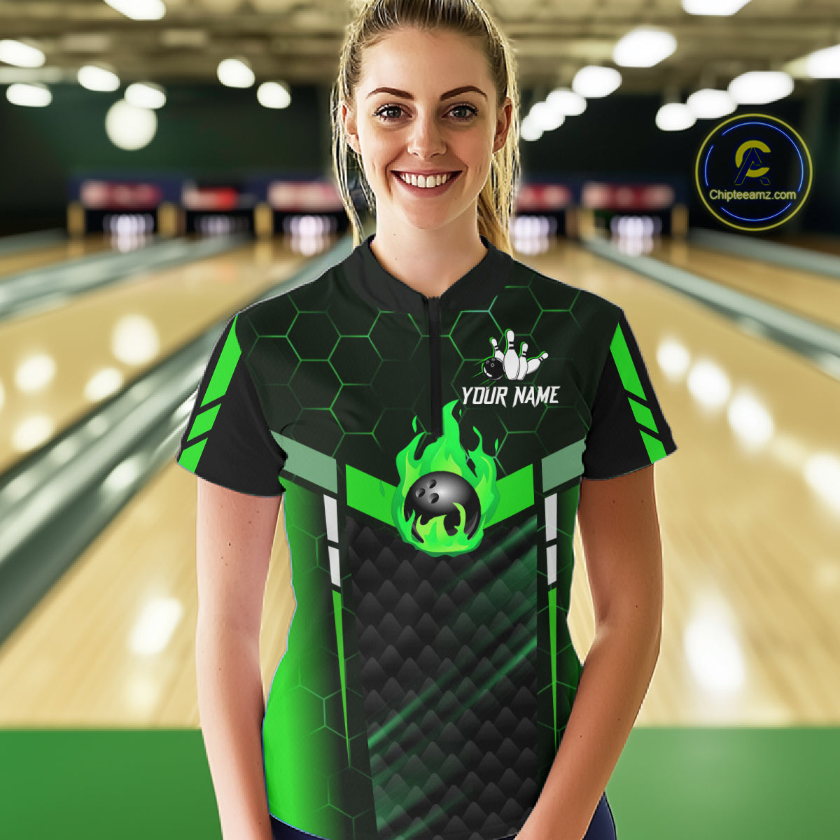 Black And Green Bowling Jersey For Women Custom Flame Bowling Shirt Team Polo & Quarter Zip TDM5825