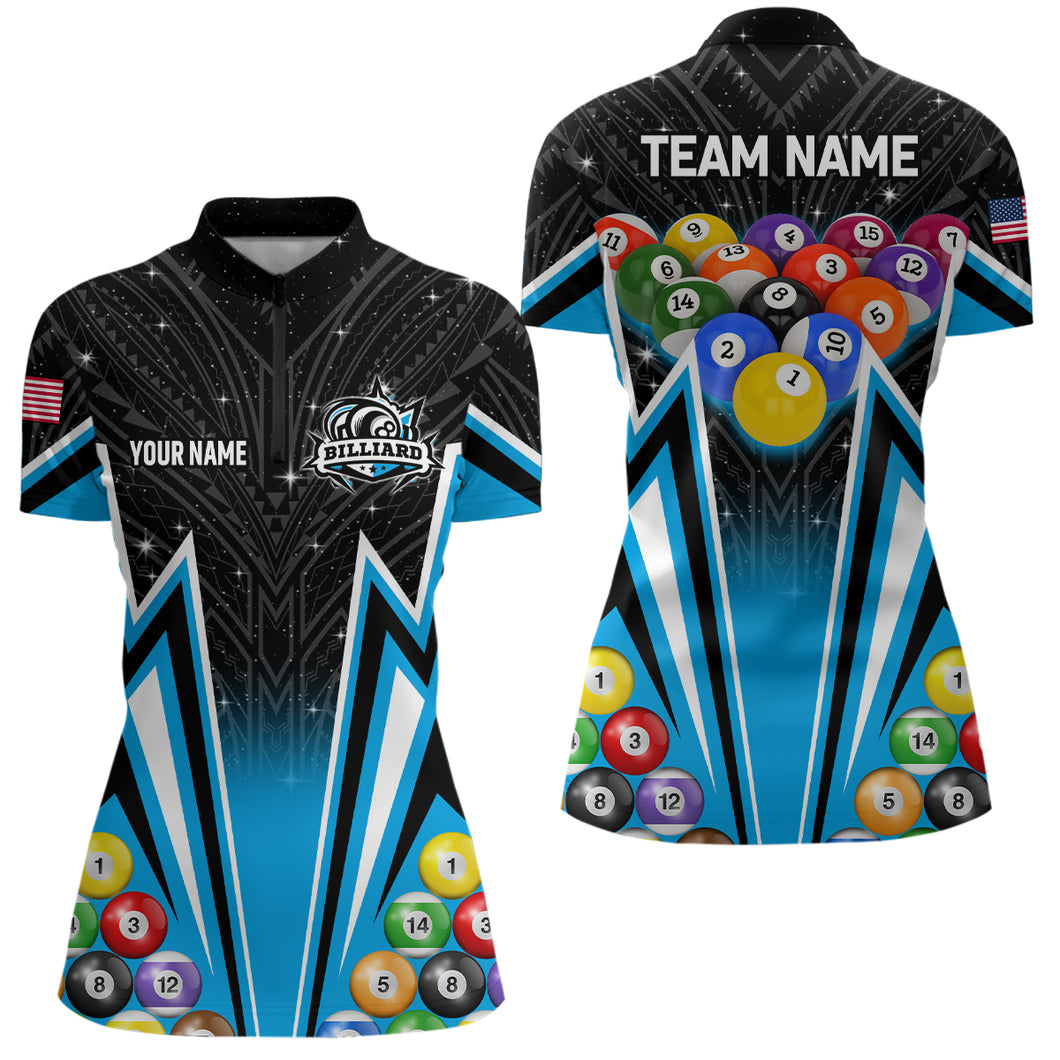 Custom Blue 3D 8 Ball Billiard Jersey Women Quarter-Zip 8 Ball Pool Team League Billiard Shirt TDM1150