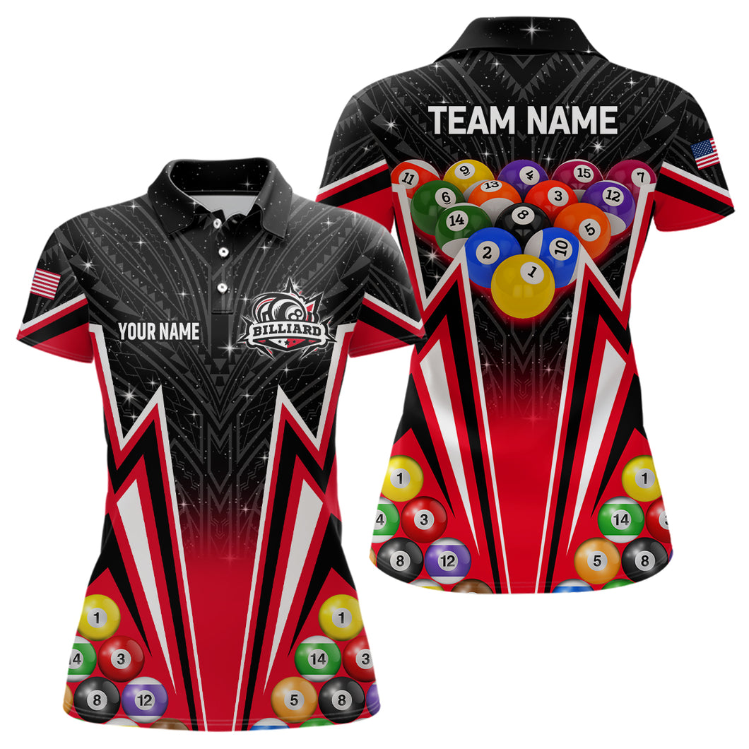 Customized Red 3D 8 Ball Billiard Jerseys Women Polo Shirts, 8 Ball Pool Team League Billiard Shirts TDM1151