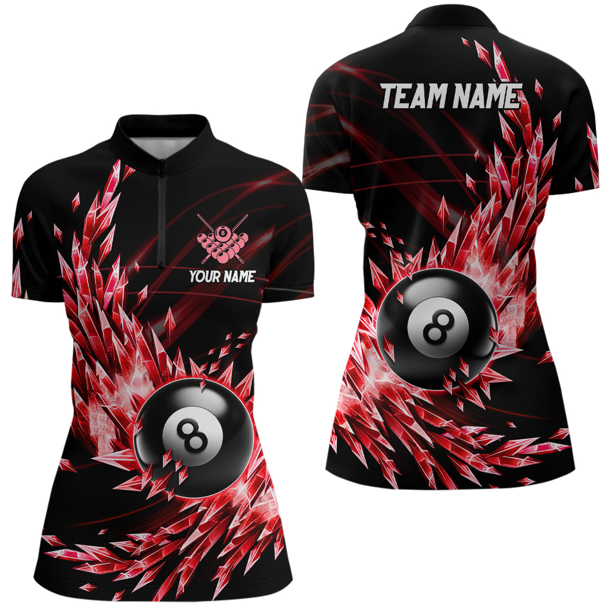 3D Red Frozen Ice Custom Women Billiard Polo & Quarter-Zip Shirts, 8 Ball Pool Billiard Attire Jersey TDM1705