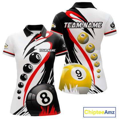 Personalized red 8 ball and 9 ball custom billiard polo shirt for women, billiard league team jersey.