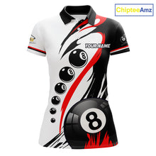 Load image into Gallery viewer, Personalized red 8 ball and 9 ball custom billiard polo shirt for women, billiard league team jersey.