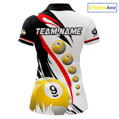 Red 8 ball and 9 ball pool team polo shirt for women with custom billiard graphics.