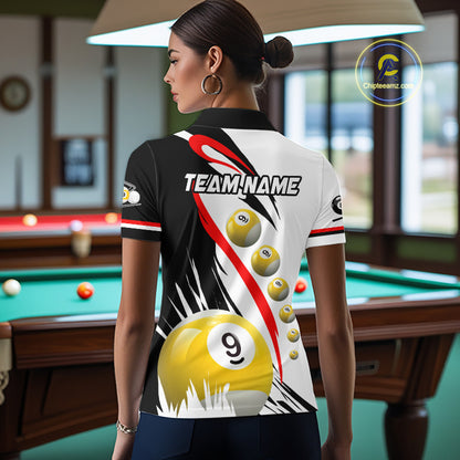 Back view of woman wearing a red 8 ball and 9 ball pool jersey.