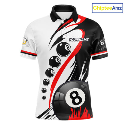 Personalized red 8 ball and 9 ball custom billiard polo shirt for men, billiard league team jersey.