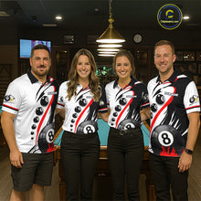 Load image into Gallery viewer, Pool team wearing matching red 8 ball and 9 ball billiard jerseys front view.